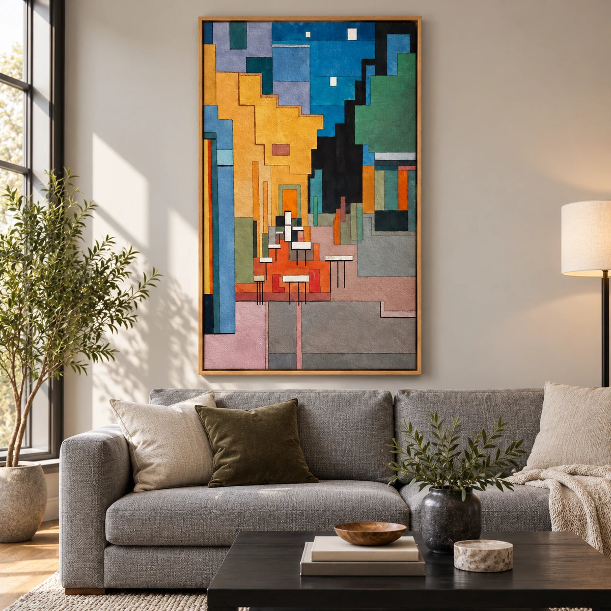Geometric Cafe Alley Oil Painting | White Chairs Ochre Walls and Blue Sky Cubist Vertical Cityscape Wall Art #OA 1710