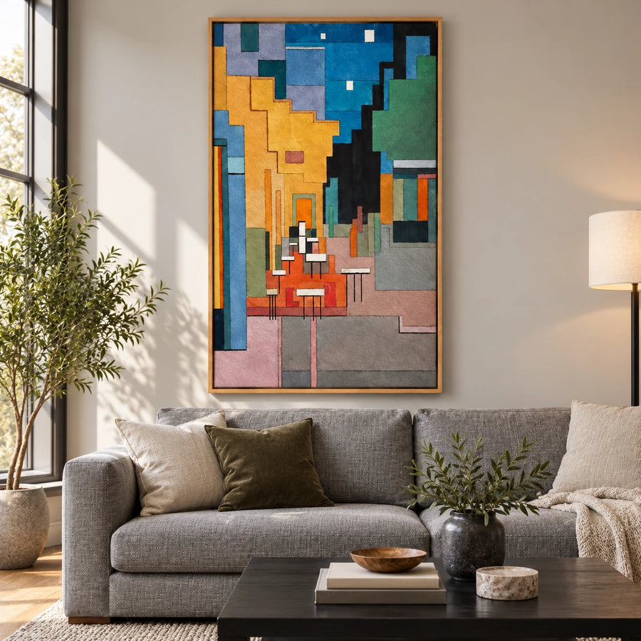 Geometric Cafe Alley Oil Painting | White Chairs Ochre Walls and Blue Sky Cubist Vertical Cityscape Wall Art #OA 1710