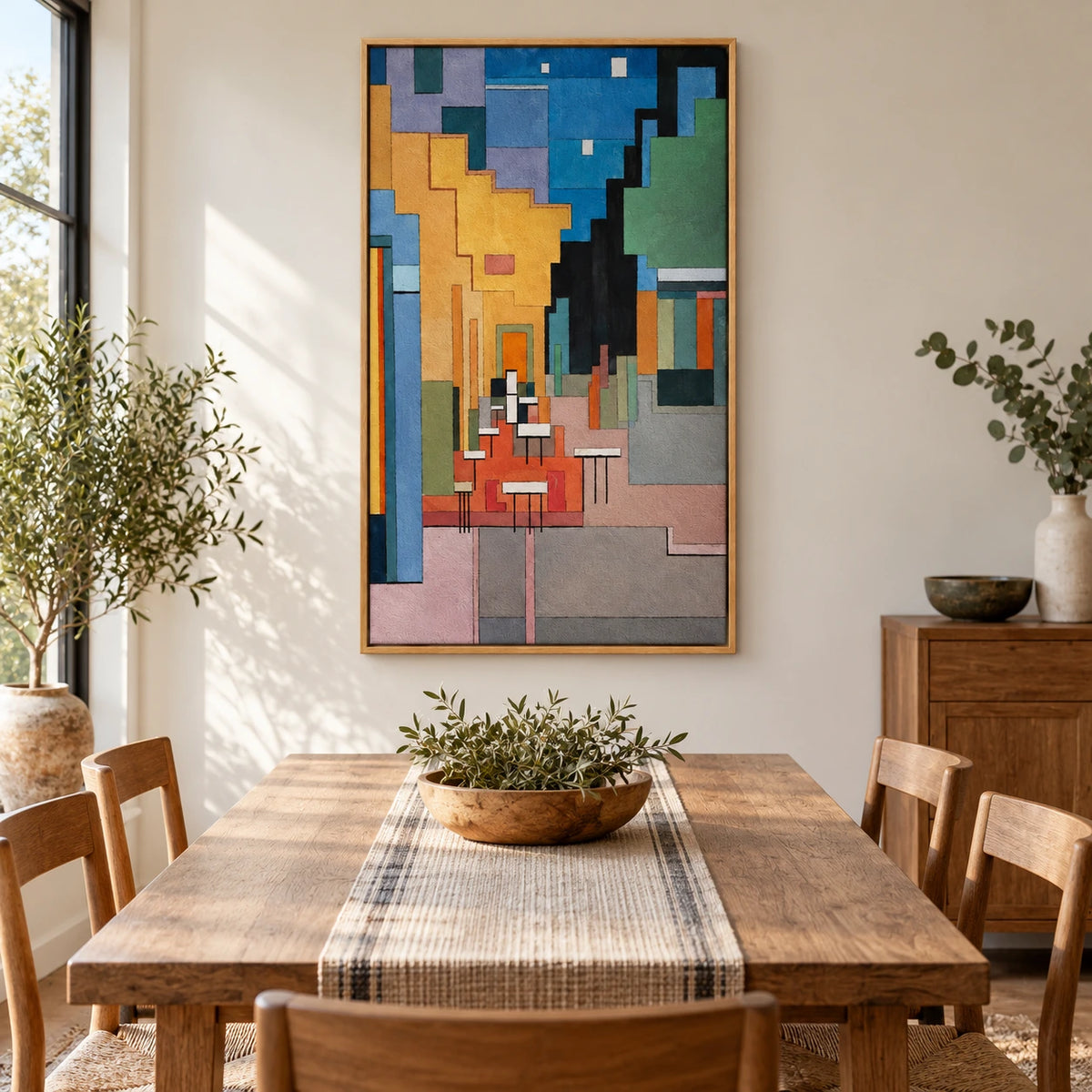 Geometric Cafe Alley Oil Painting | White Chairs Ochre Walls and Blue Sky Cubist Vertical Cityscape Wall Art #OA 1710