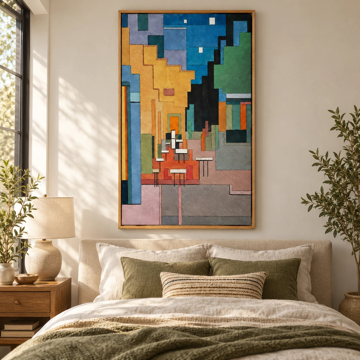 Geometric Cafe Alley Oil Painting | White Chairs Ochre Walls and Blue Sky Cubist Vertical Cityscape Wall Art #OA 1710