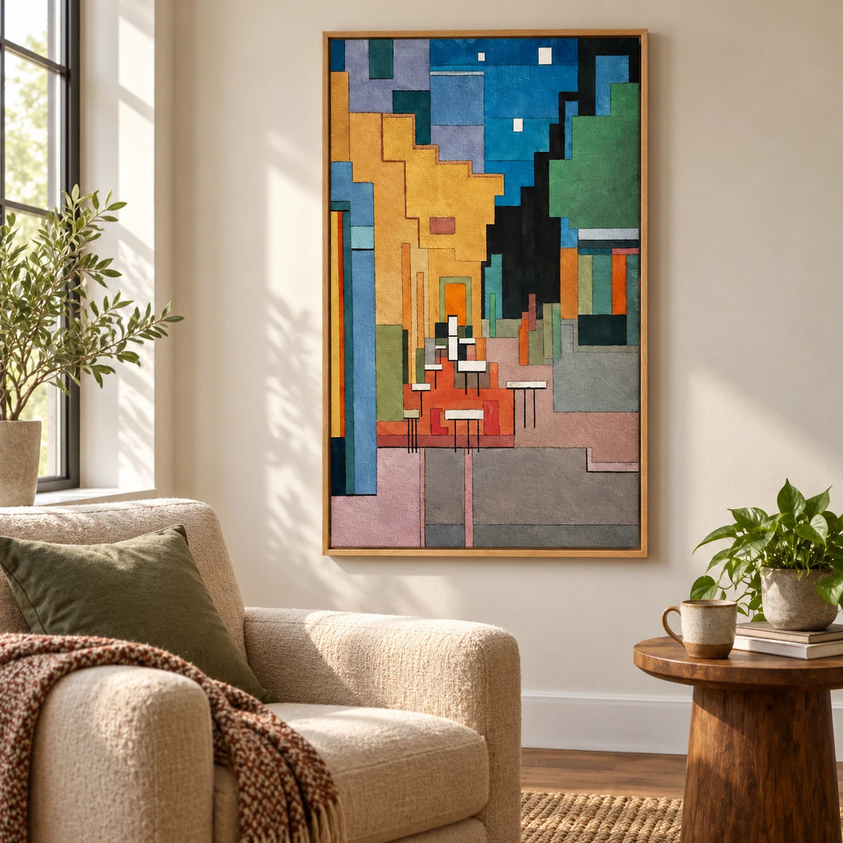 Geometric Cafe Alley Oil Painting | White Chairs Ochre Walls and Blue Sky Cubist Vertical Cityscape Wall Art #OA 1710