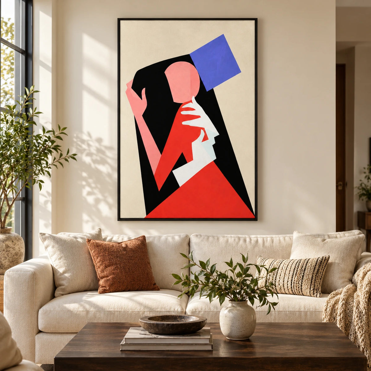 Geometric Faceless Portrait Oil Painting | Pink Hands Red White and Blue Shapes Black and Cream Vertical Wall Art #OA 1719