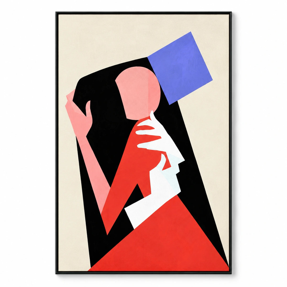 Geometric Faceless Portrait Oil Painting | Pink Hands Red White and Blue Shapes Black and Cream Vertical Wall Art #OA 1719