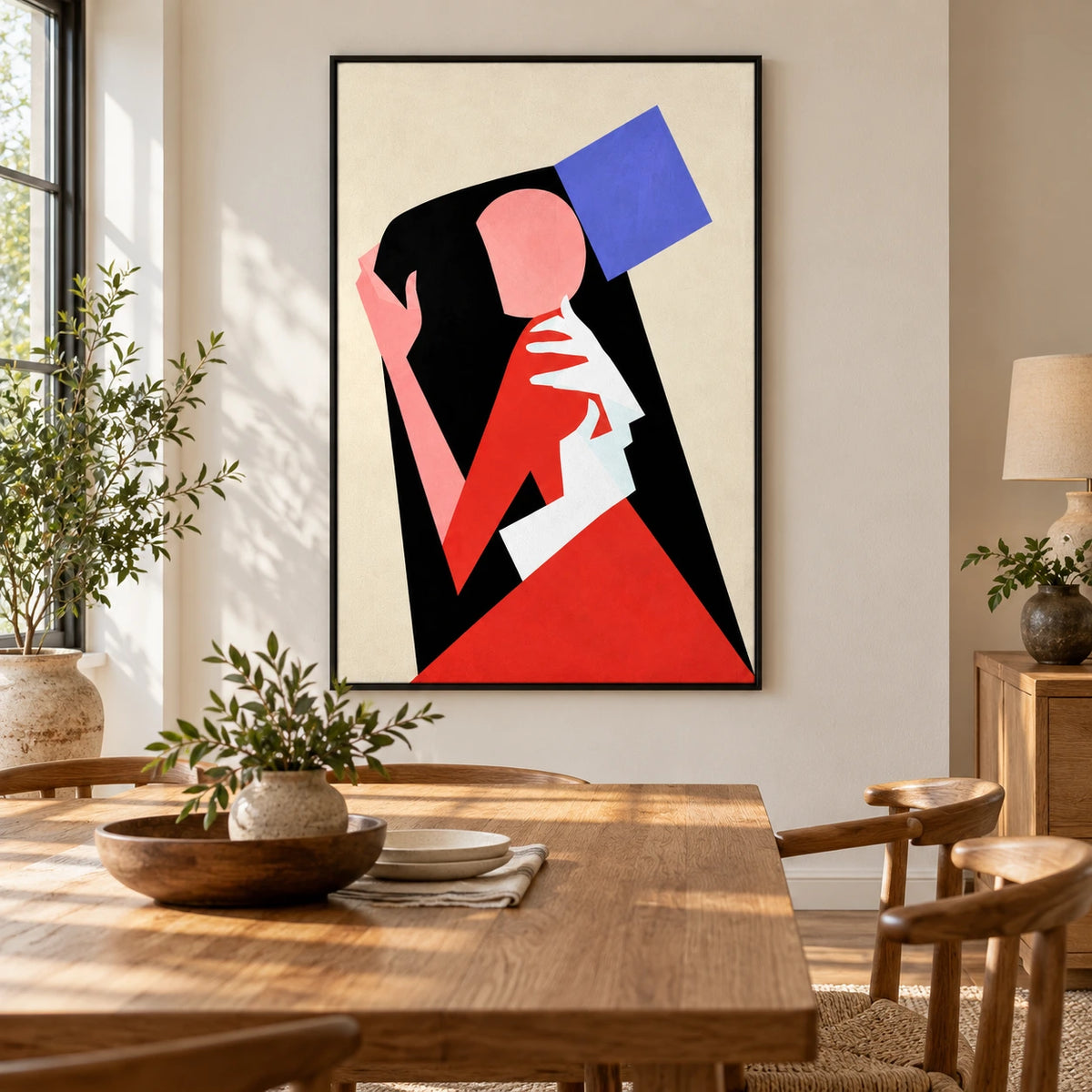 Geometric Faceless Portrait Oil Painting | Pink Hands Red White and Blue Shapes Black and Cream Vertical Wall Art #OA 1719