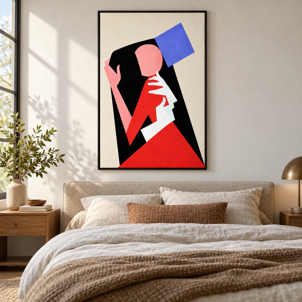 Geometric Faceless Portrait Oil Painting | Pink Hands Red White and Blue Shapes Black and Cream Vertical Wall Art #OA 1719