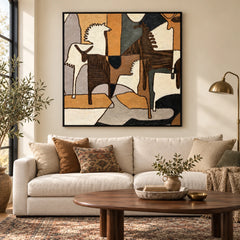 Geometric Horses Oil Painting | Brown Ivory and Ochre Cubist Equestrian Square Wall Art #OA 1661