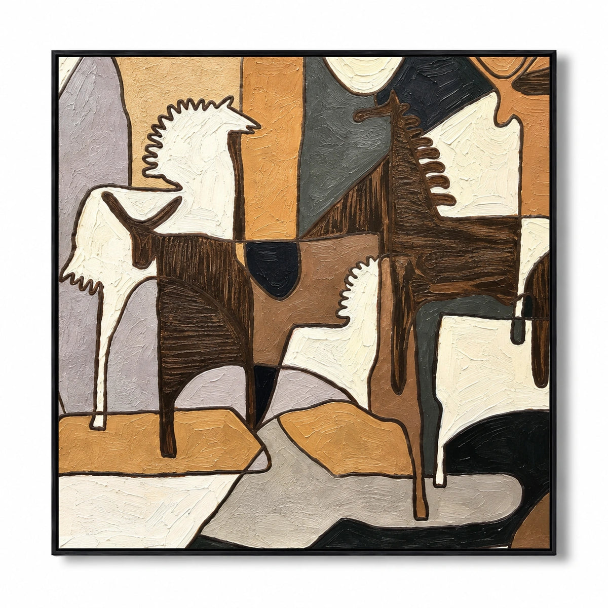 Geometric Horses Oil Painting | Brown Ivory and Ochre Cubist Equestrian Square Wall Art OA 1661