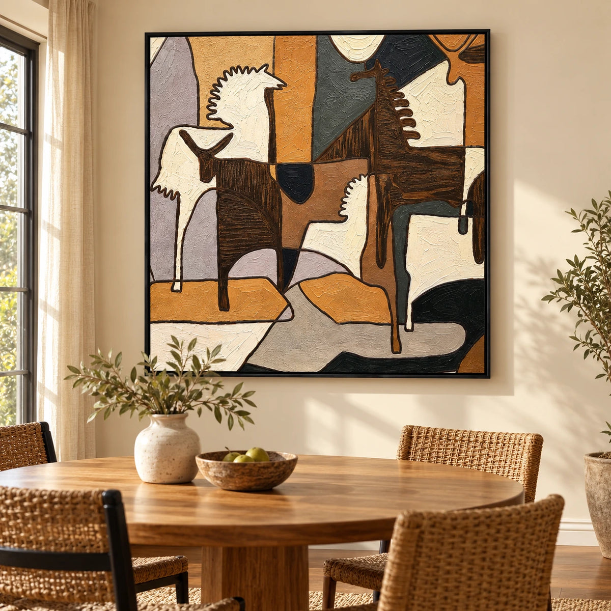 Geometric Horses Oil Painting | Brown Ivory and Ochre Cubist Equestrian Square Wall Art OA 1661
