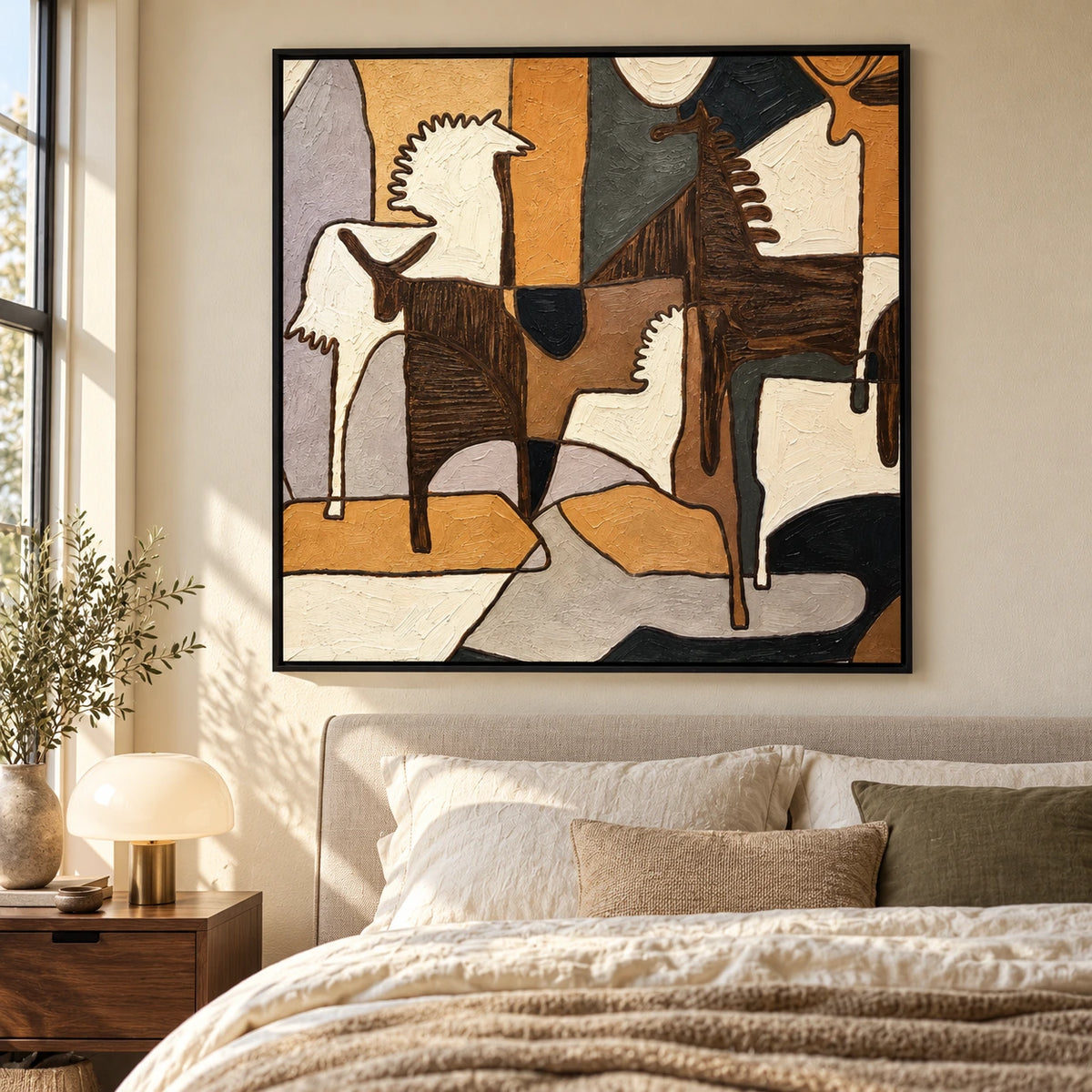 Geometric Horses Oil Painting | Brown Ivory and Ochre Cubist Equestrian Square Wall Art OA 1661