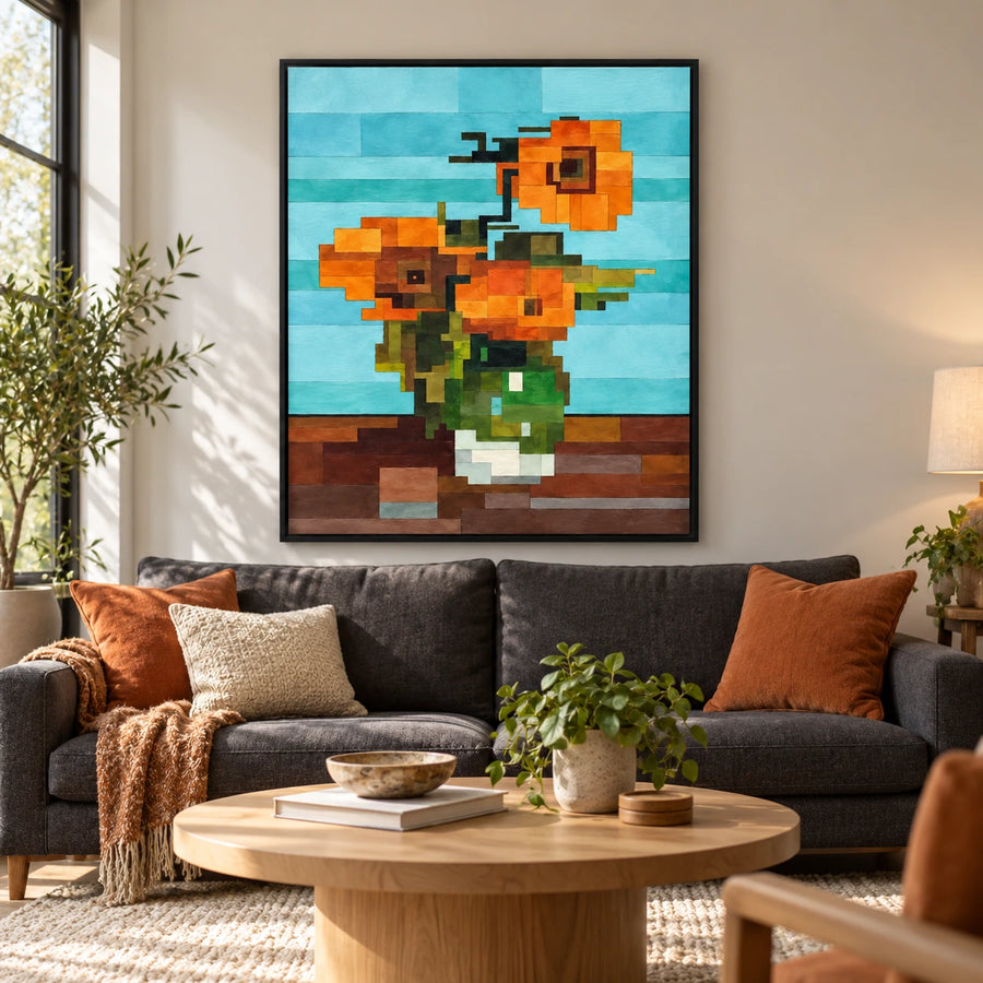 Geometric Orange Flowers in Green Vase Oil Painting | Turquoise Background Cubist Floral Vertical Wall Art #OA 1702