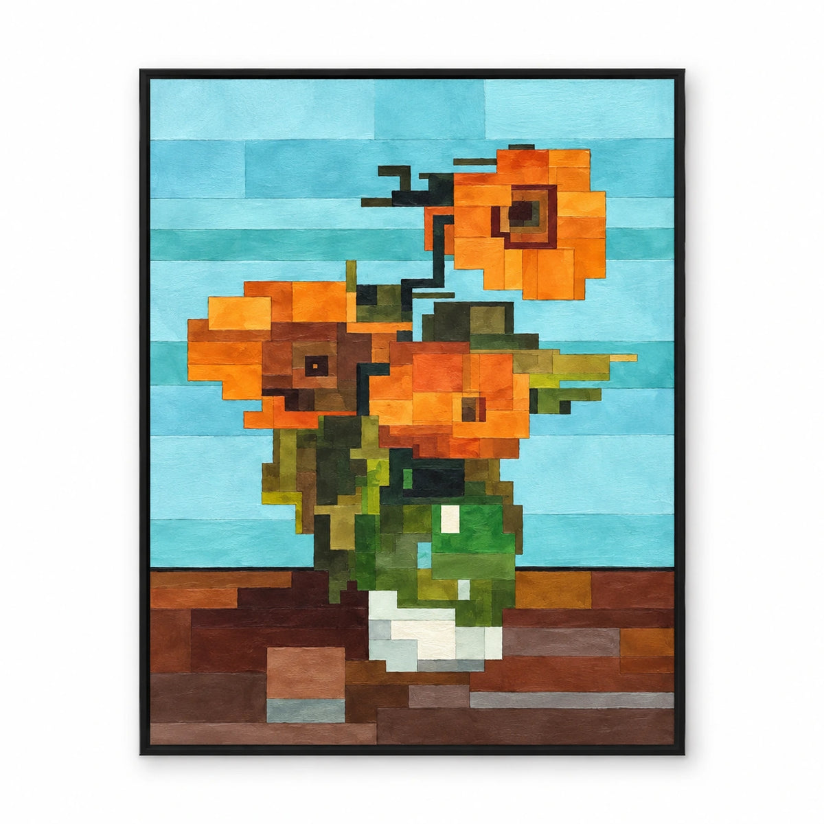 Geometric Orange Flowers in Green Vase Oil Painting | Turquoise Background Cubist Floral Vertical Wall Art #OA 1702