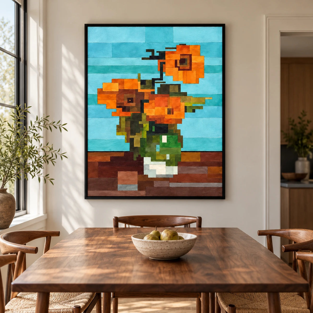 Geometric Orange Flowers in Green Vase Oil Painting | Turquoise Background Cubist Floral Vertical Wall Art #OA 1702