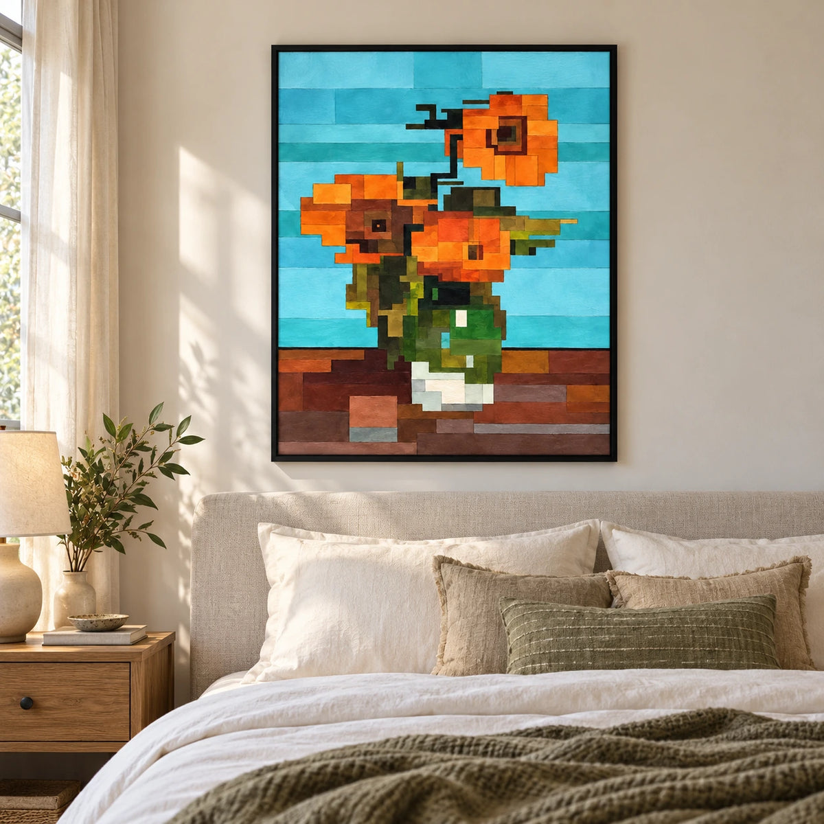 Geometric Orange Flowers in Green Vase Oil Painting | Turquoise Background Cubist Floral Vertical Wall Art #OA 1702