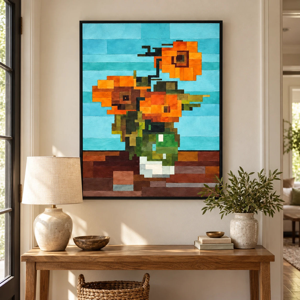 Geometric Orange Flowers in Green Vase Oil Painting | Turquoise Background Cubist Floral Vertical Wall Art #OA 1702