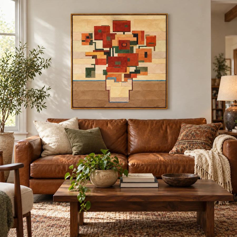 Geometric Orange Flowers in Vase Oil Painting | Terracotta Green and Ochre Blocks Square Abstract Botanical Wall Art #OA 1758
