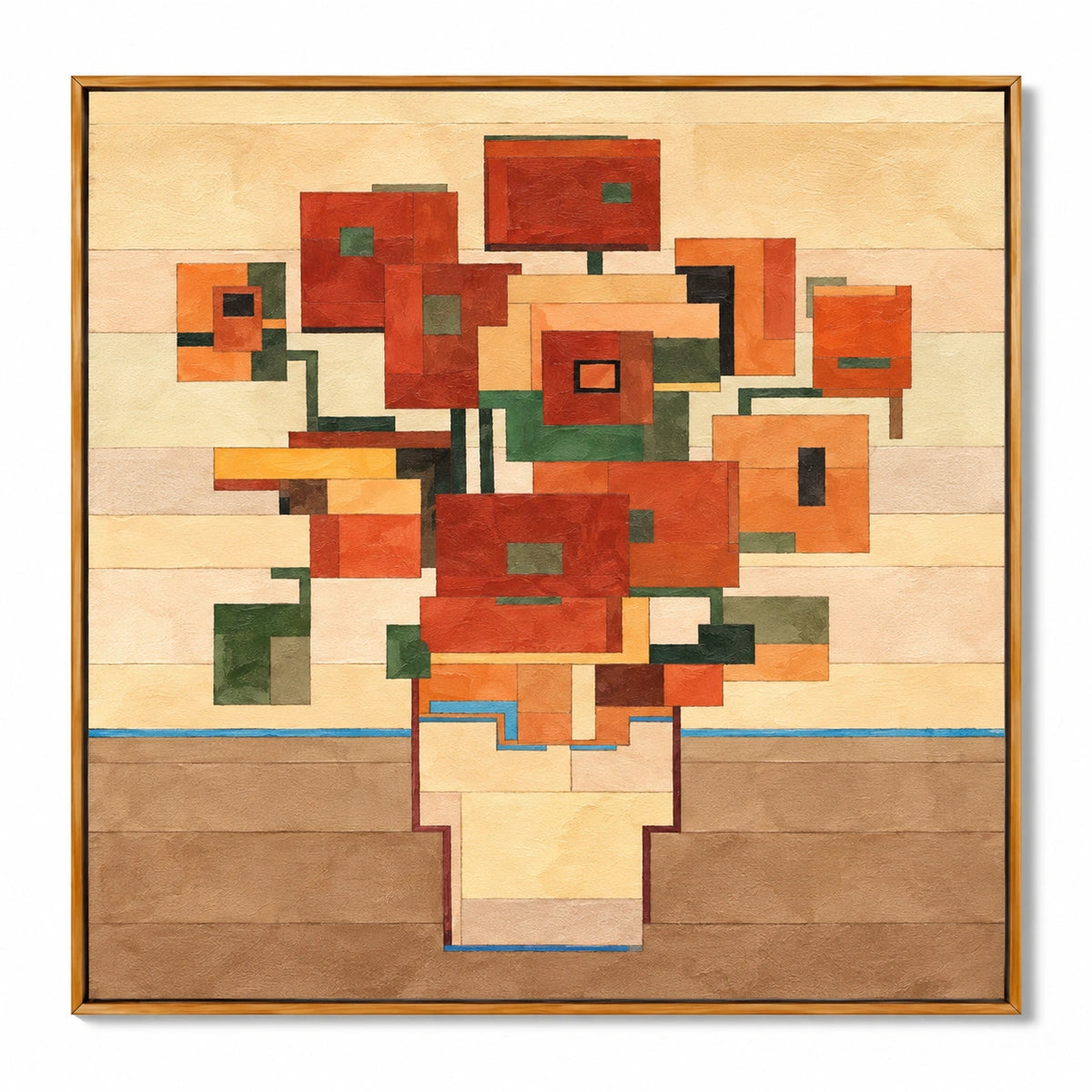 Geometric Orange Flowers in Vase Oil Painting | Terracotta Green and Ochre Blocks Square Abstract Botanical Wall Art OA 1758