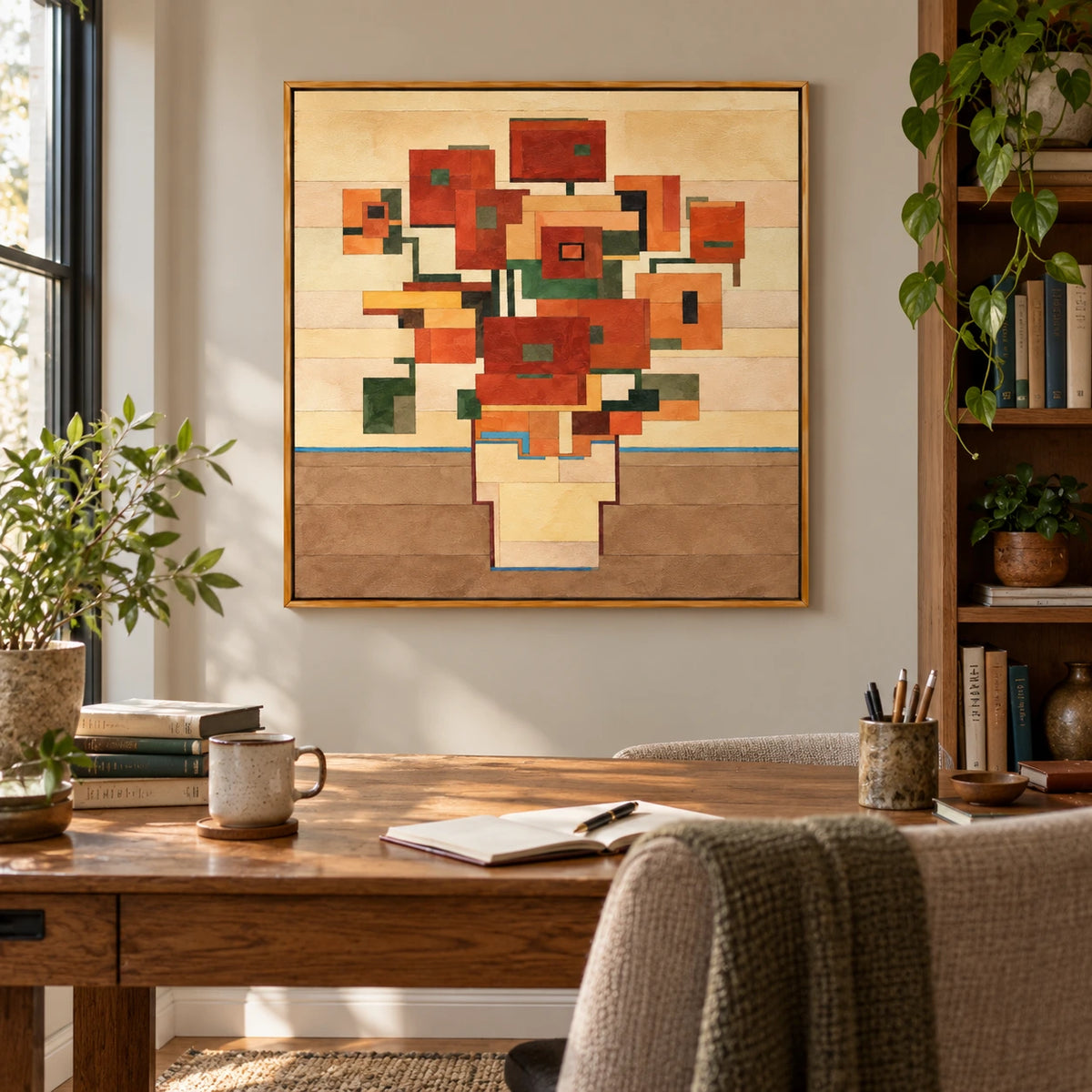 Geometric Orange Flowers in Vase Oil Painting | Terracotta Green and Ochre Blocks Square Abstract Botanical Wall Art OA 1758