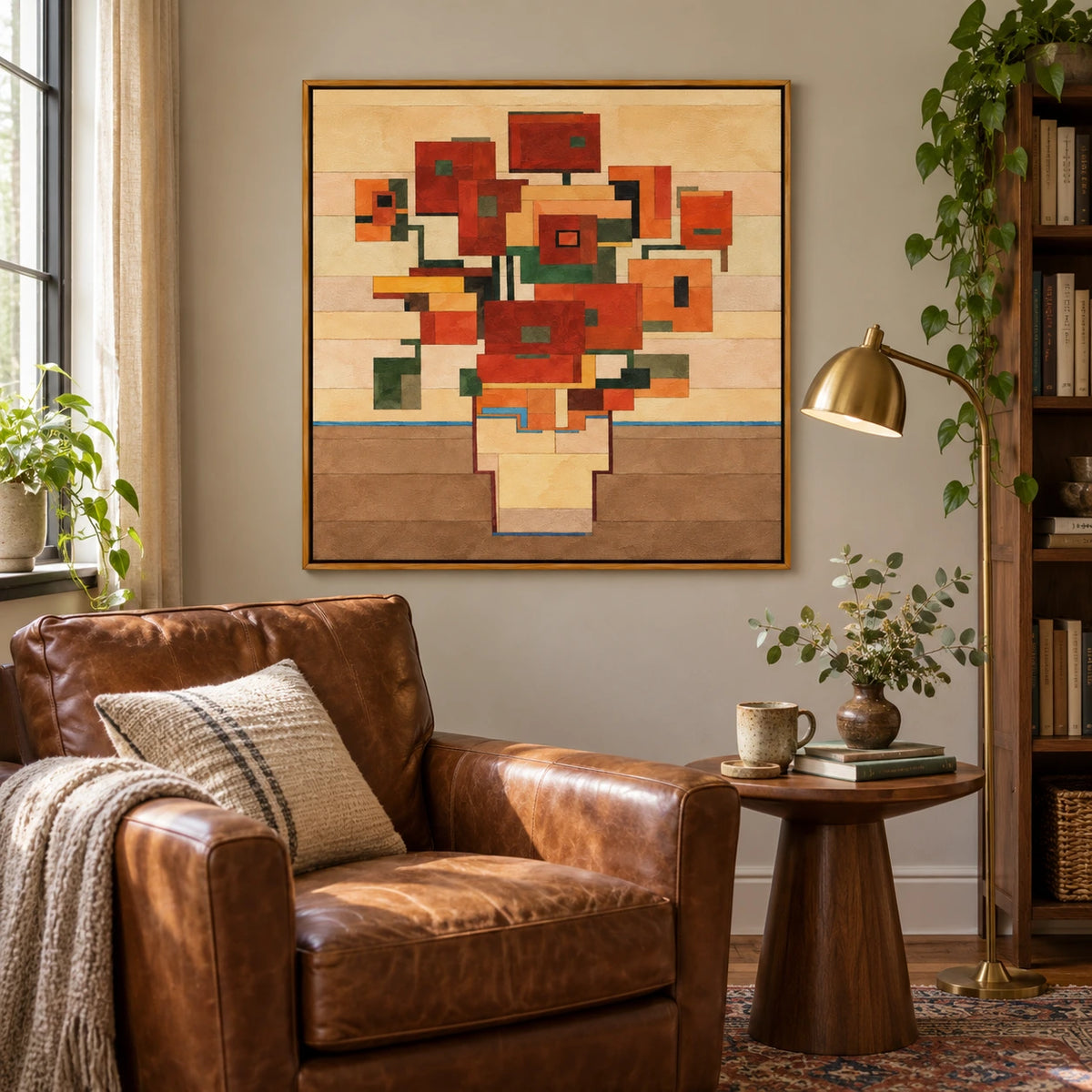 Geometric Orange Flowers in Vase Oil Painting | Terracotta Green and Ochre Blocks Square Abstract Botanical Wall Art OA 1758