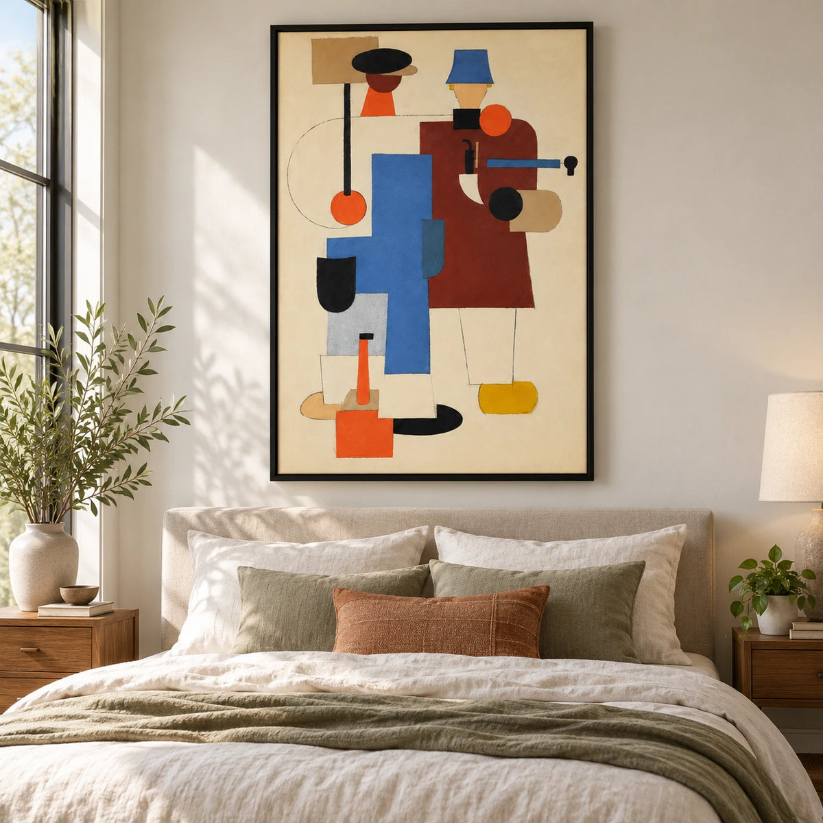 Geometric Two Figures Oil Painting | Black and Blue Hats Rust Orange and Cream Cubist Vertical Wall Art #OA 1711