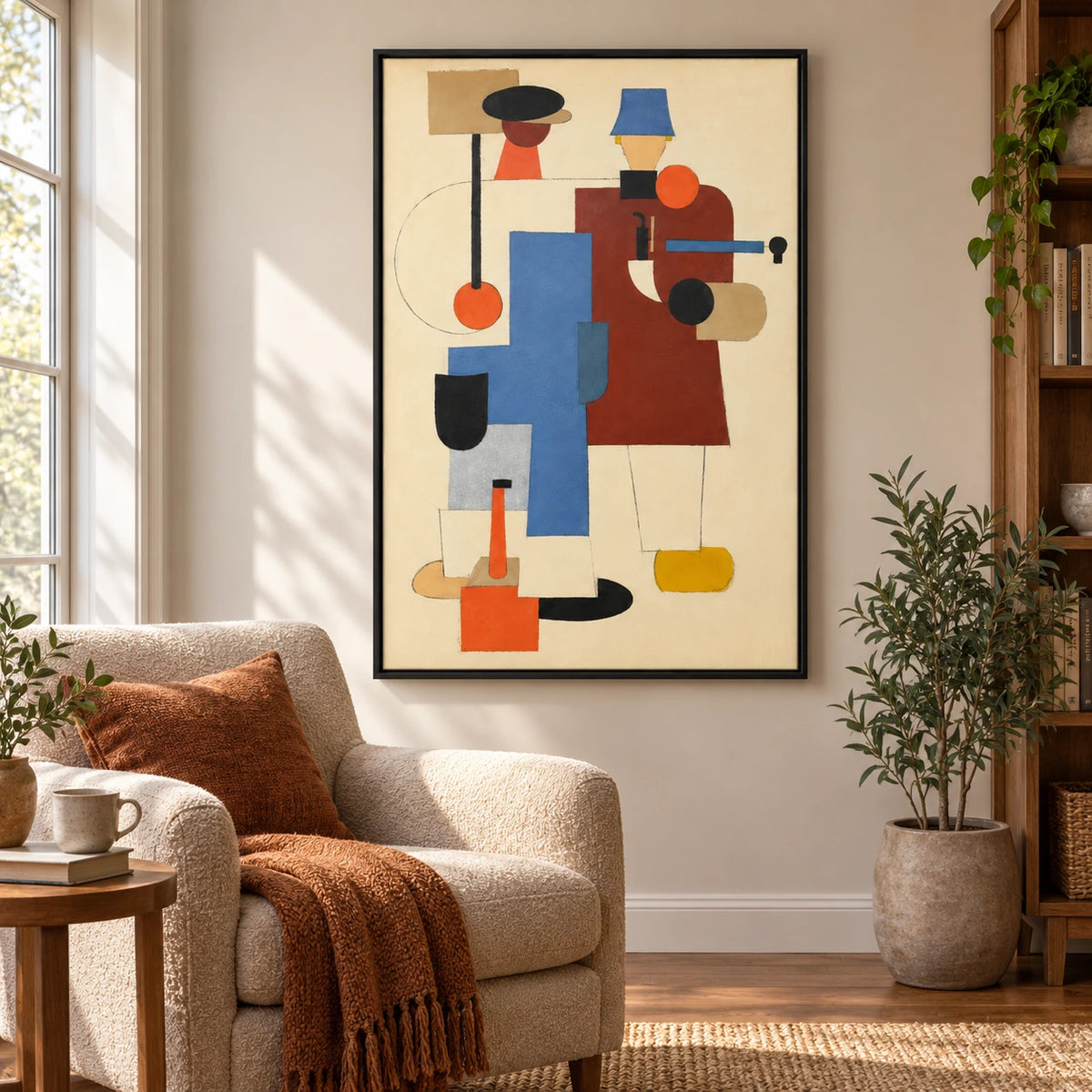 Geometric Two Figures Oil Painting | Black and Blue Hats Rust Orange and Cream Cubist Vertical Wall Art #OA 1711