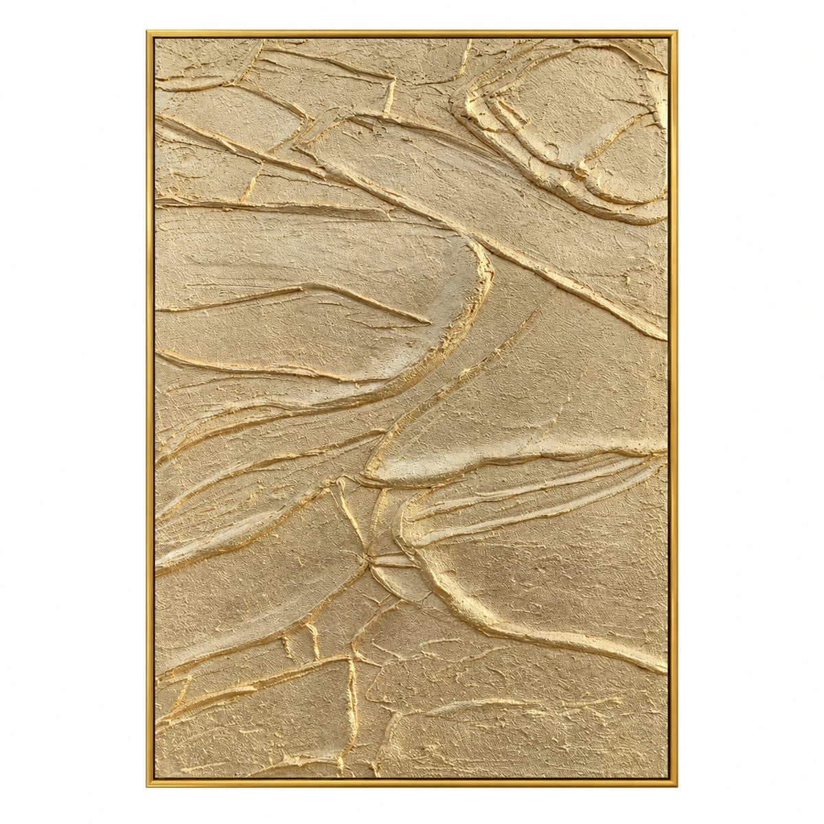 Gold and Beige Abstract Oil Painting | Raised Organic Lines and Layered Relief Textured Vertical Wall Art #OA 1834