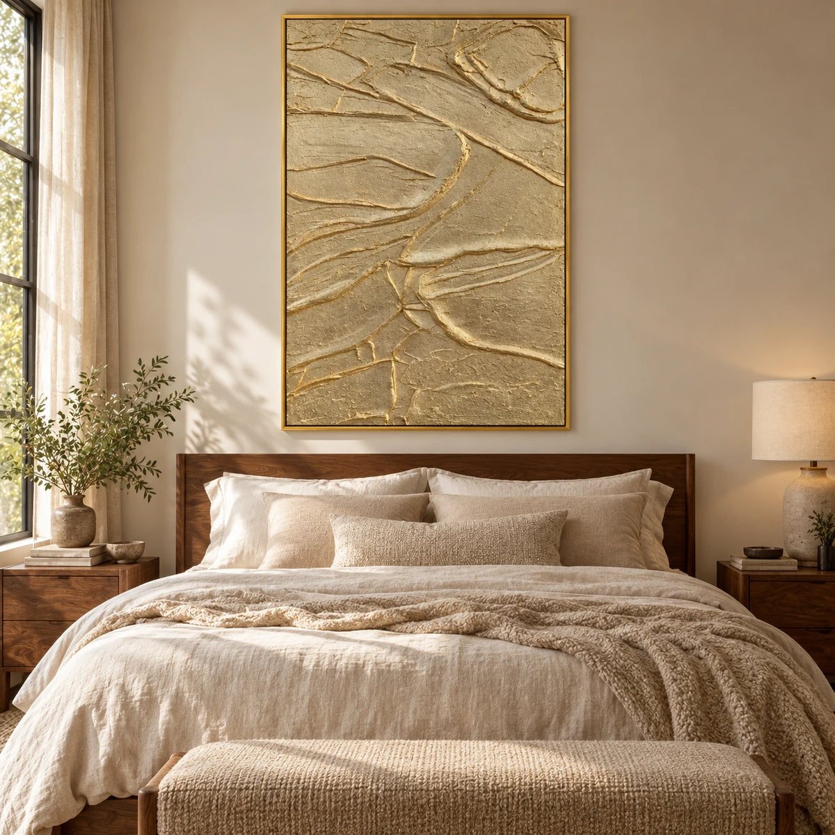 Gold and Beige Abstract Oil Painting | Raised Organic Lines and Layered Relief Textured Vertical Wall Art #OA 1834
