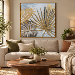 Gold and Grey Tropical Leaves Oil Painting | Palm Fronds and Monstera Relief Square Botanical Wall Art #OA 1786