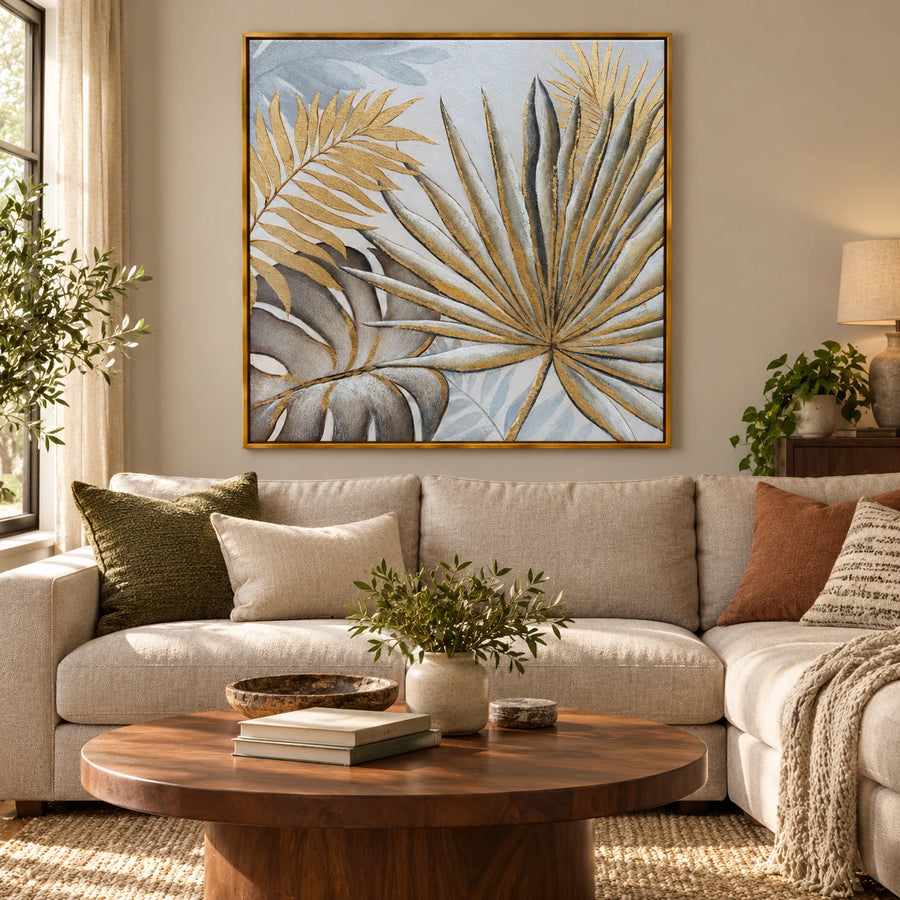 Gold and Grey Tropical Leaves Oil Painting | Palm Fronds and Monstera Relief Square Botanical Wall Art #OA 1786