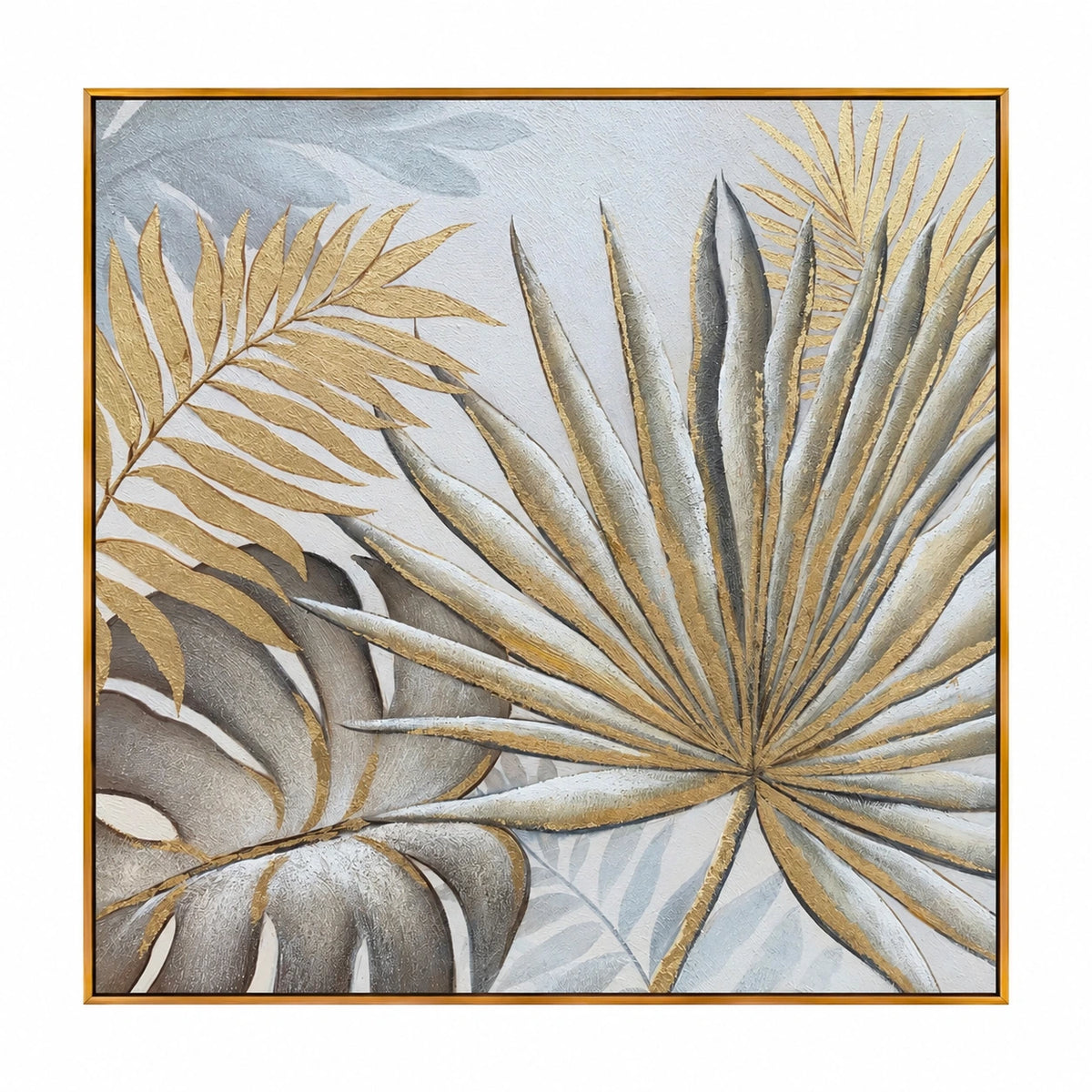 Gold and Grey Tropical Leaves Oil Painting | Palm Fronds and Monstera Relief Square Botanical Wall Art OA 1786