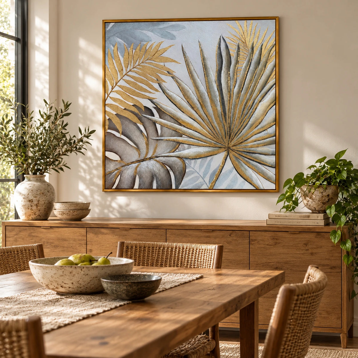 Gold and Grey Tropical Leaves Oil Painting | Palm Fronds and Monstera Relief Square Botanical Wall Art OA 1786
