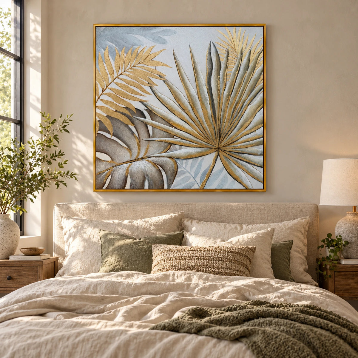 Gold and Grey Tropical Leaves Oil Painting | Palm Fronds and Monstera Relief Square Botanical Wall Art OA 1786