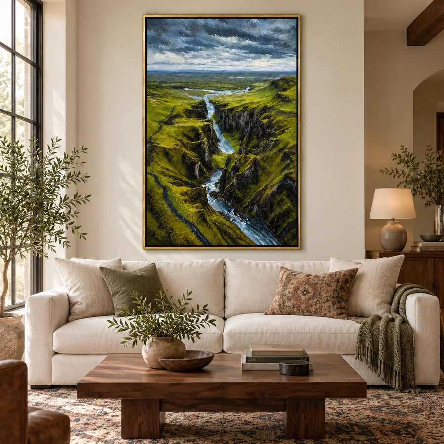 Green Canyon Waterfall Oil Painting | Dramatic River Valley Landscape Wall Art #OA 1616