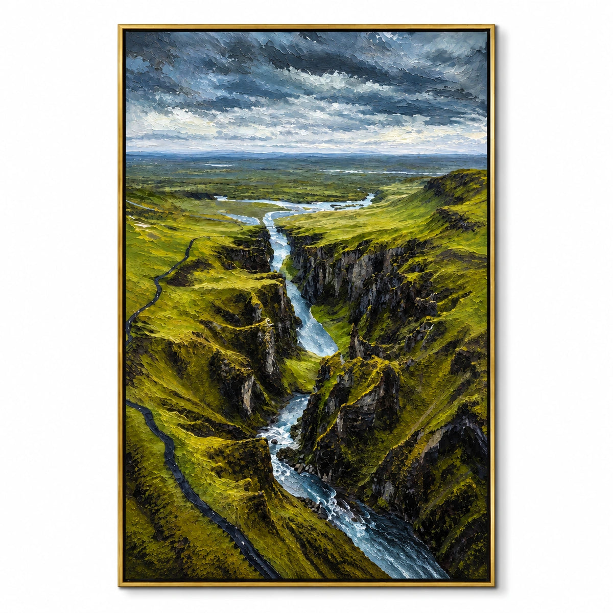 Green Canyon Waterfall Oil Painting | Dramatic River Valley Landscape Wall Art #OA 1616