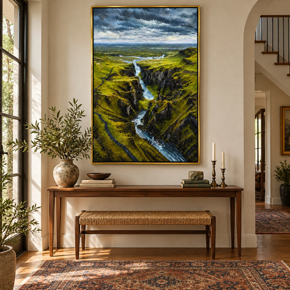 Green Canyon Waterfall Oil Painting | Dramatic River Valley Landscape Wall Art #OA 1616