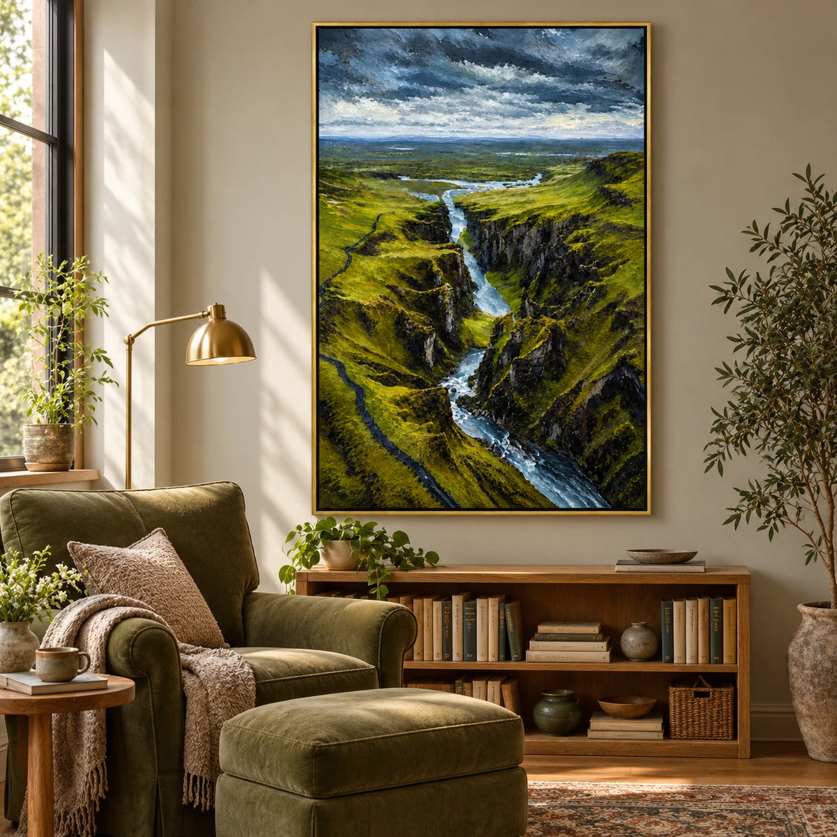 Green Canyon Waterfall Oil Painting | Dramatic River Valley Landscape Wall Art #OA 1616