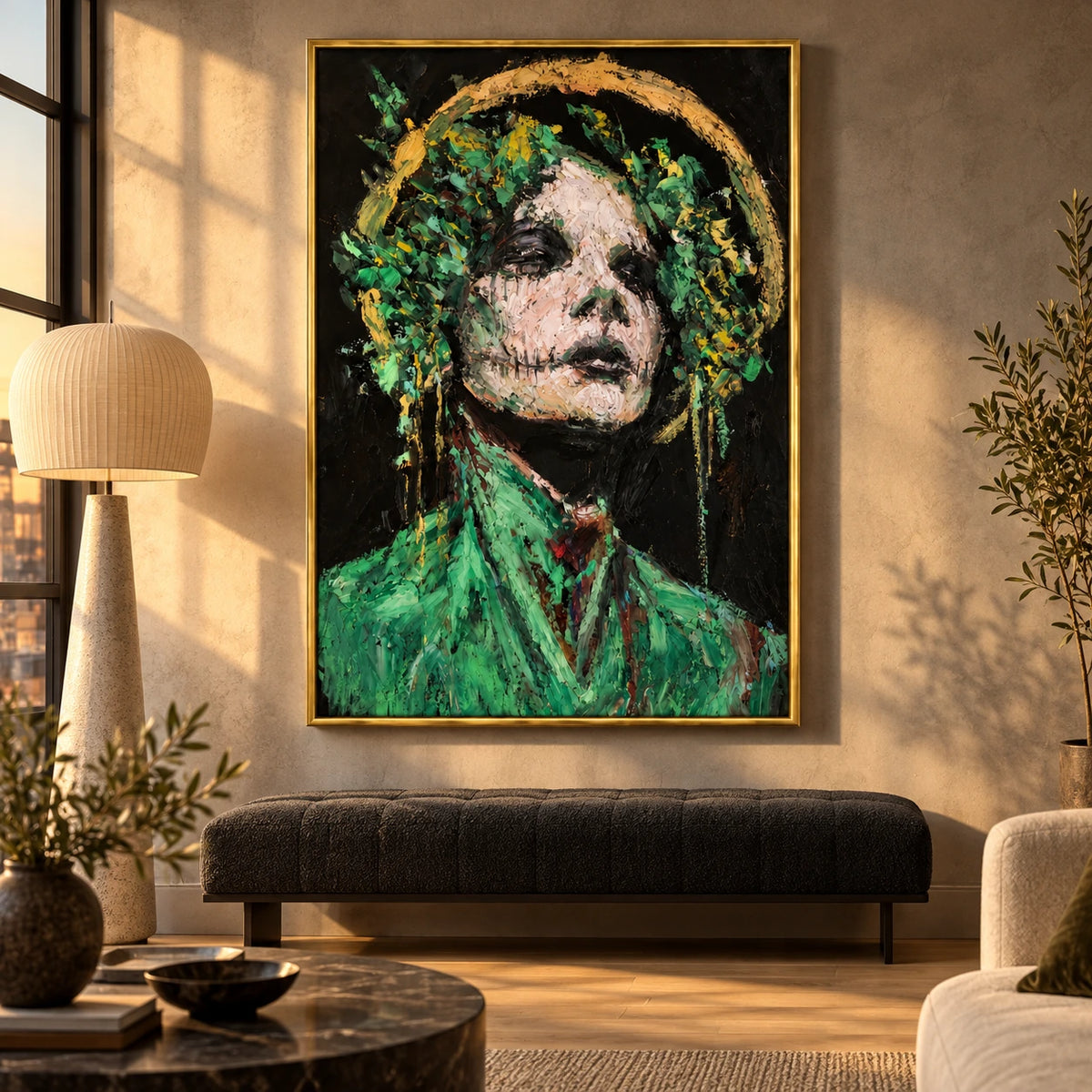 Green and Gold Abstract Woman Portrait Oil Painting | Textured Floral Halo Figurative Wall Art #OA 1630