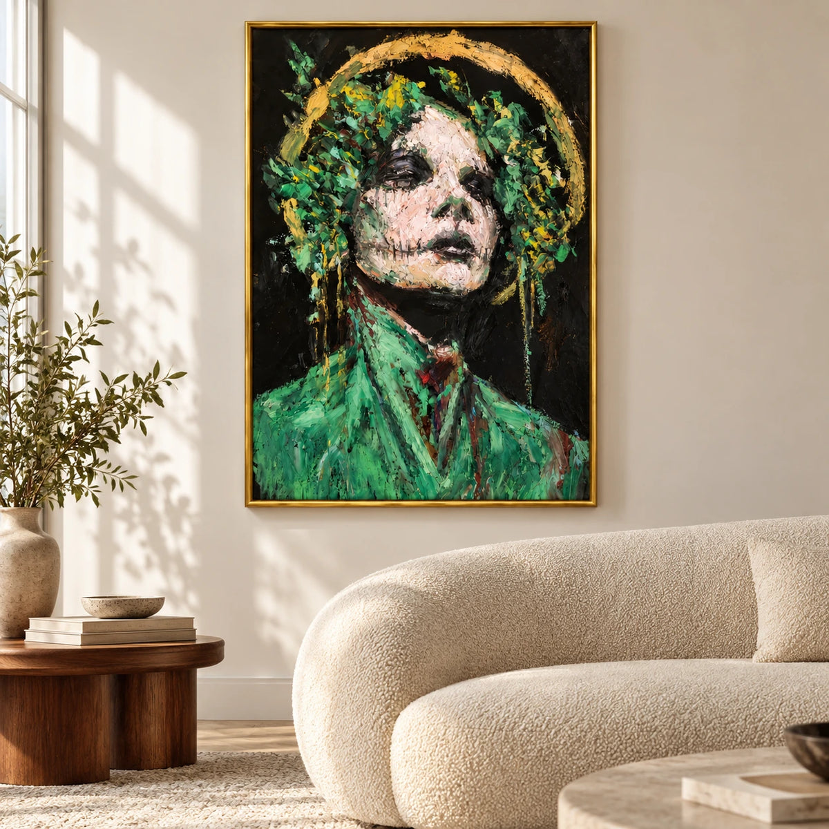 Green and Gold Abstract Woman Portrait Oil Painting | Textured Floral Halo Figurative Wall Art #OA 1630