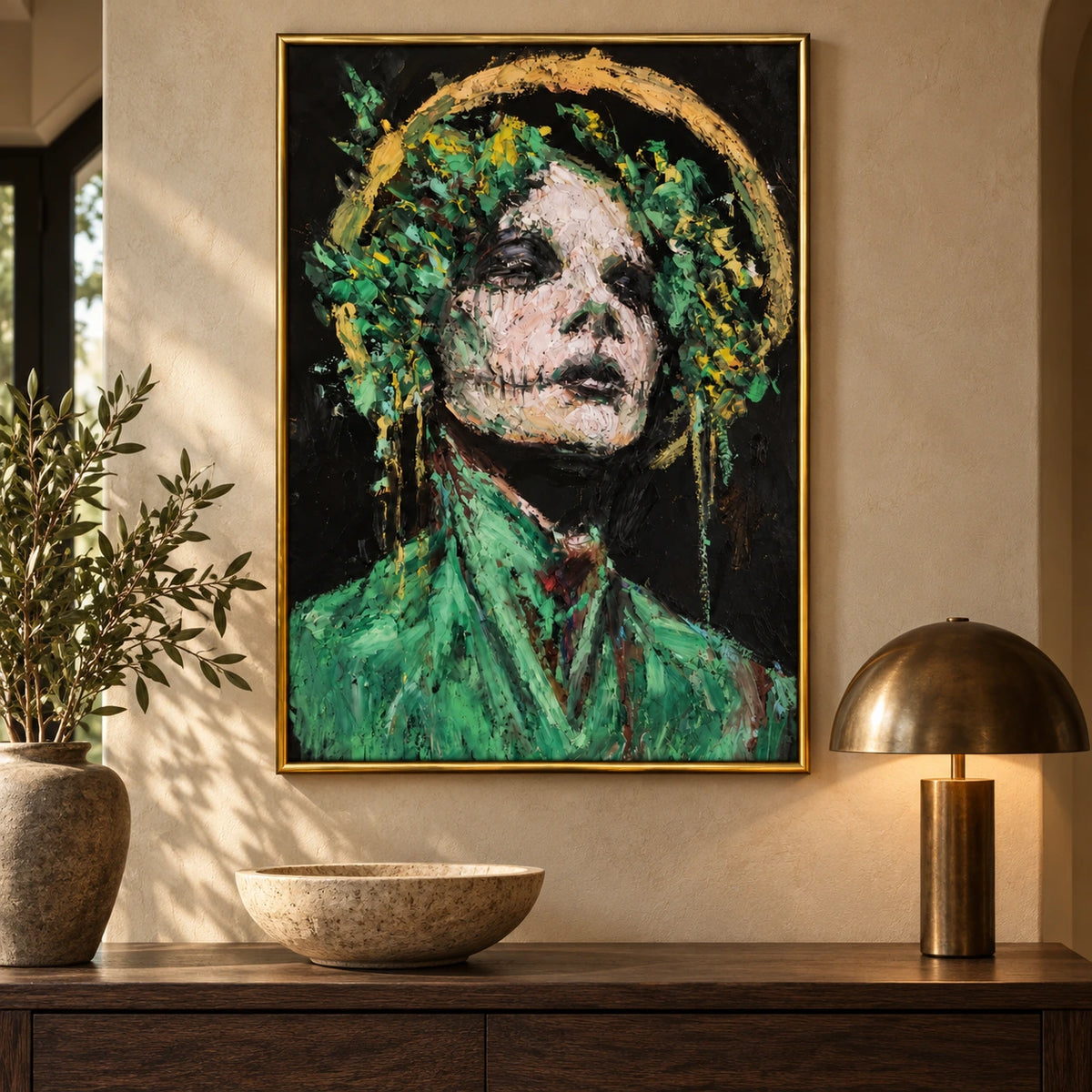 Green and Gold Abstract Woman Portrait Oil Painting | Textured Floral Halo Figurative Wall Art #OA 1630