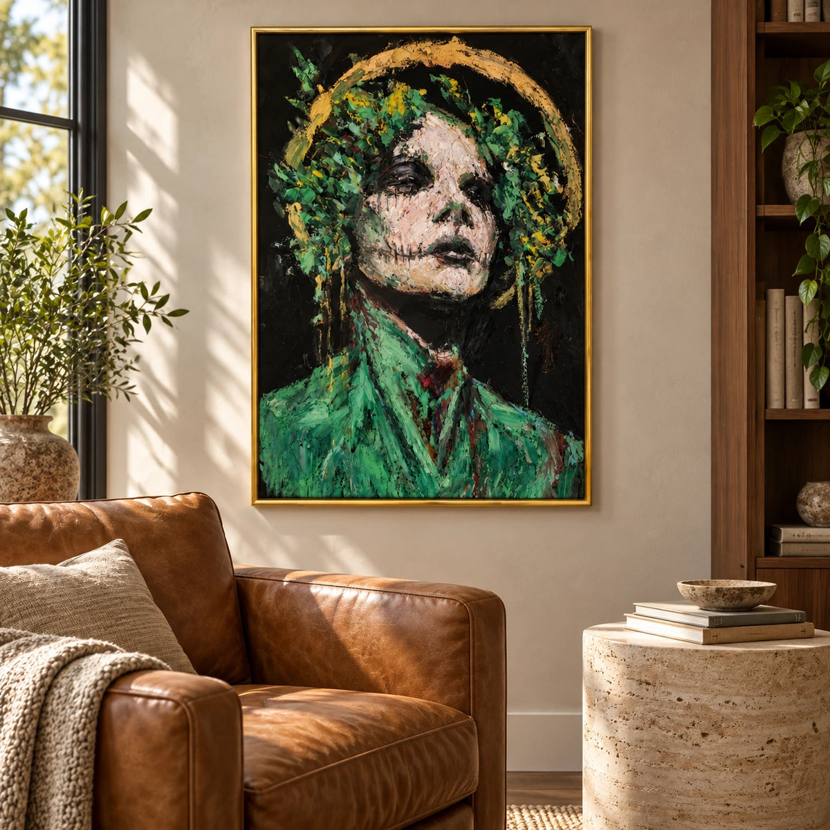 Green and Gold Abstract Woman Portrait Oil Painting | Textured Floral Halo Figurative Wall Art #OA 1630
