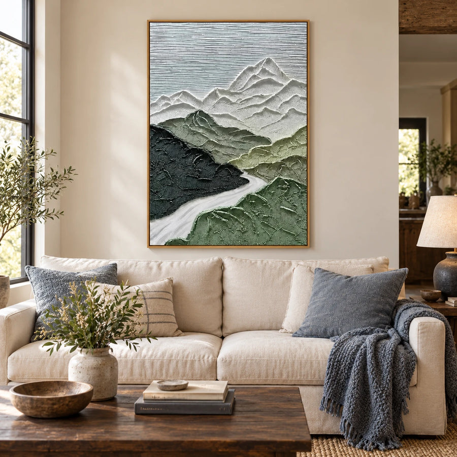 Green and Grey Mountain River Oil Painting | Layered Peaks and Winding White River Textured Vertical Landscape Wall Art #OA 1833