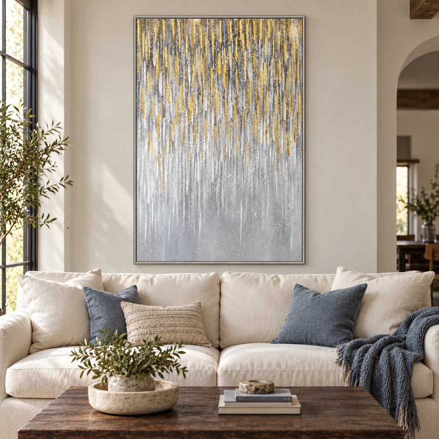 Grey White and Gold Abstract Oil Painting | Cascading Fine Vertical Lines Textured Neutral Canvas Wall Art #OA 1830