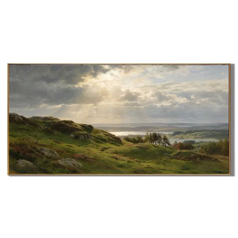 Hand-Painted Sunlit Green Hills & Lake Landscape Oil Painting, Serene Nature Wall Art for Living Room | Ownanart # OA 1368