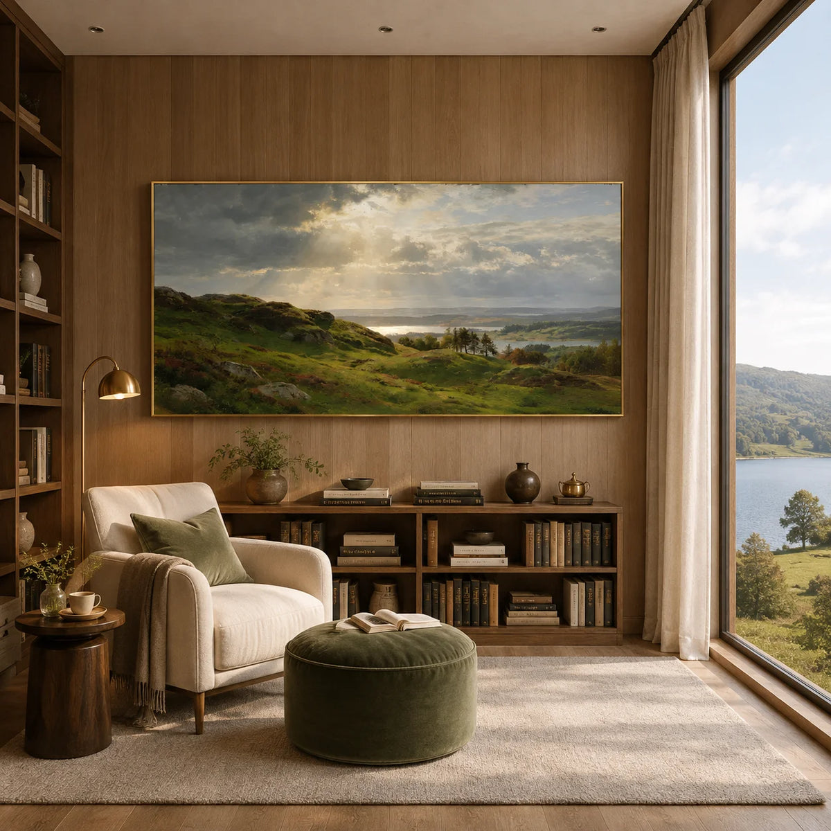 Hand-Painted Sunlit Green Hills & Lake Landscape Oil Painting, Serene Nature Wall Art for Living Room | Ownanart # OA 1368