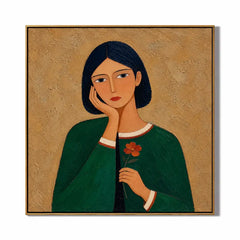 Hand Painted Woman Portrait Oil Painting, Green Dress Figurative Wall Art with Flower, Modern Textured Female Portrait Decor | Ownanart # OA 1405