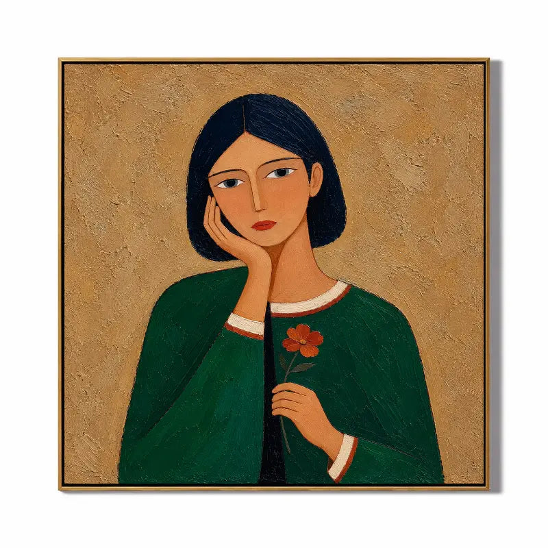 Hand Painted Woman Portrait Oil Painting, Green Dress Figurative Wall Art with Flower, Modern Textured Female Portrait Decor | Ownanart # OA 1405