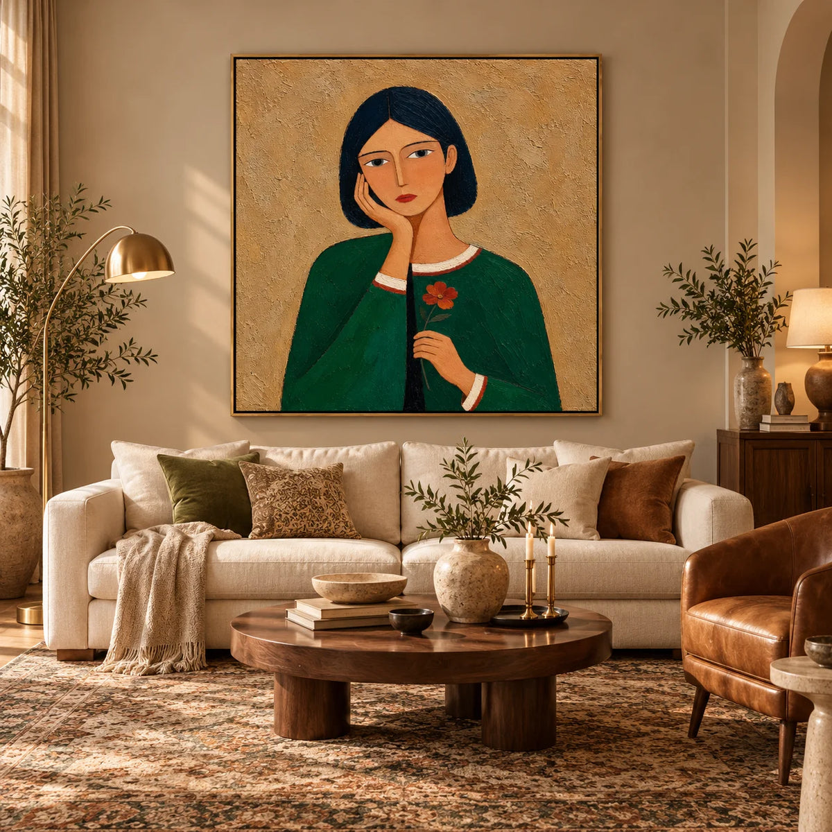 Hand Painted Woman Portrait Oil Painting, Green Dress Figurative Wall Art with Flower, Modern Textured Female Portrait Decor | Ownanart