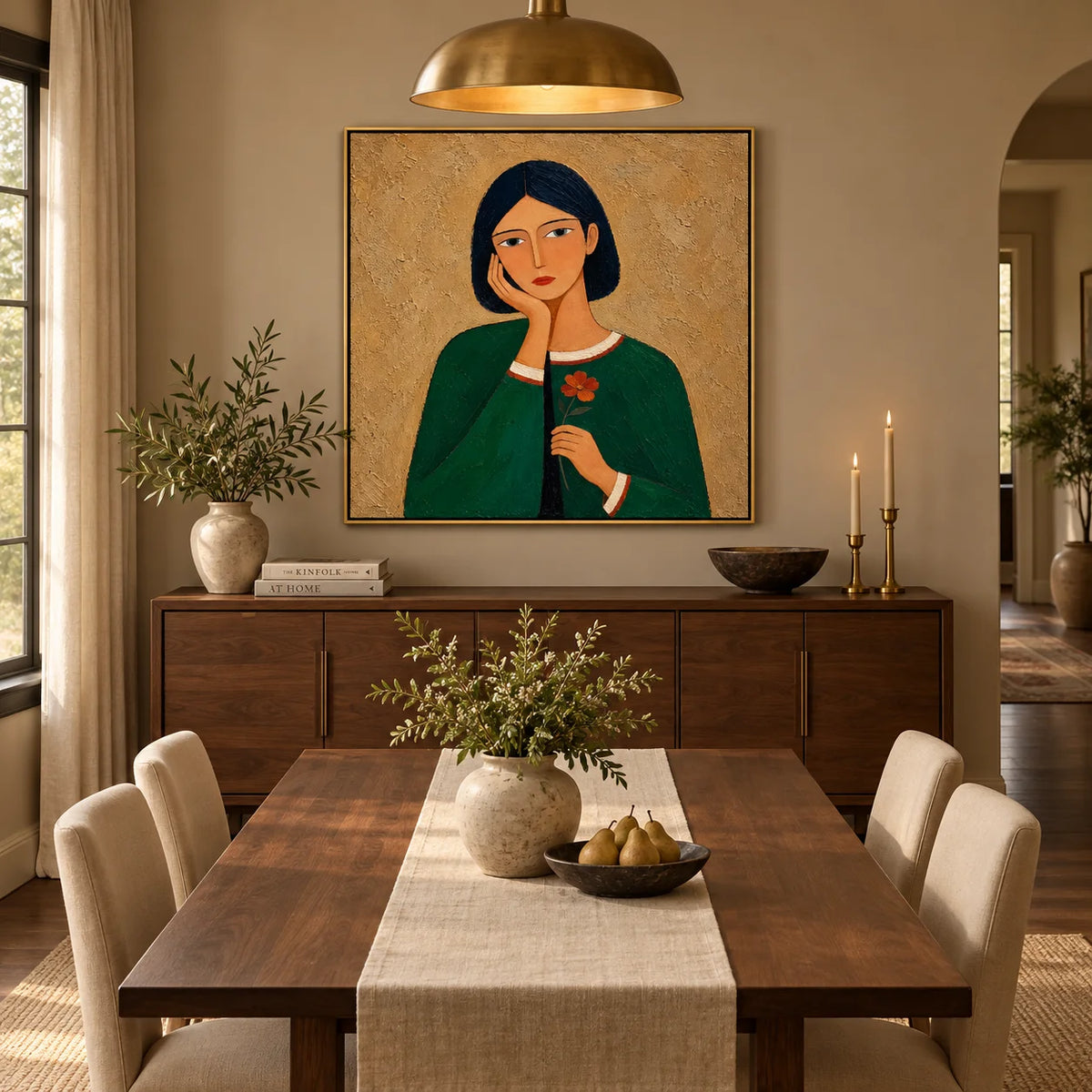 Hand Painted Woman Portrait Oil Painting, Green Dress Figurative Wall Art with Flower, Modern Textured Female Portrait Decor | Ownanart