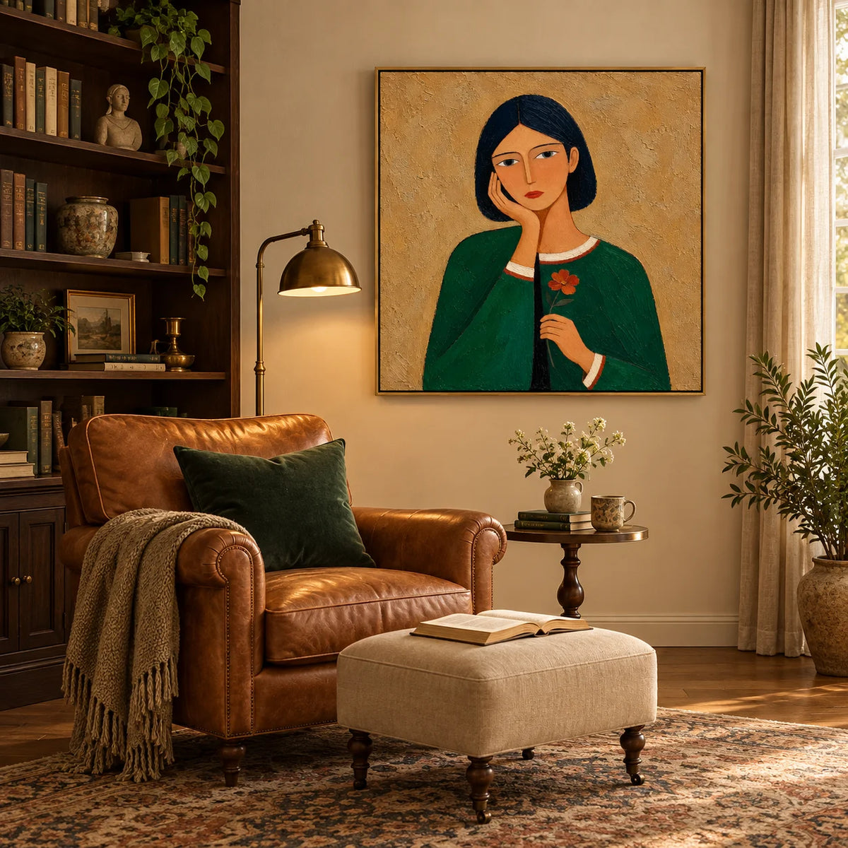 Hand Painted Woman Portrait Oil Painting, Green Dress Figurative Wall Art with Flower, Modern Textured Female Portrait Decor | Ownanart