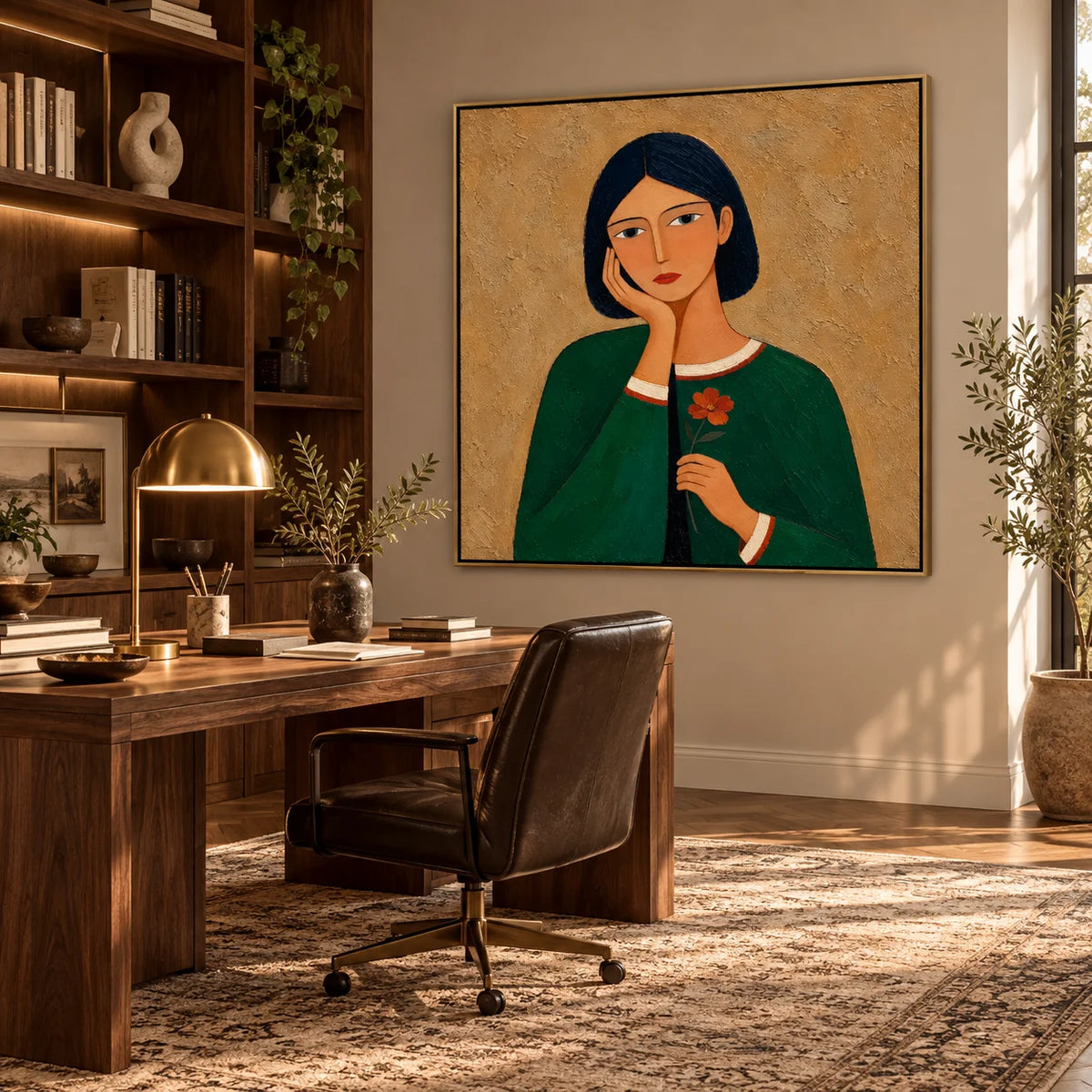 Hand Painted Woman Portrait Oil Painting, Green Dress Figurative Wall Art with Flower, Modern Textured Female Portrait Decor | Ownanart