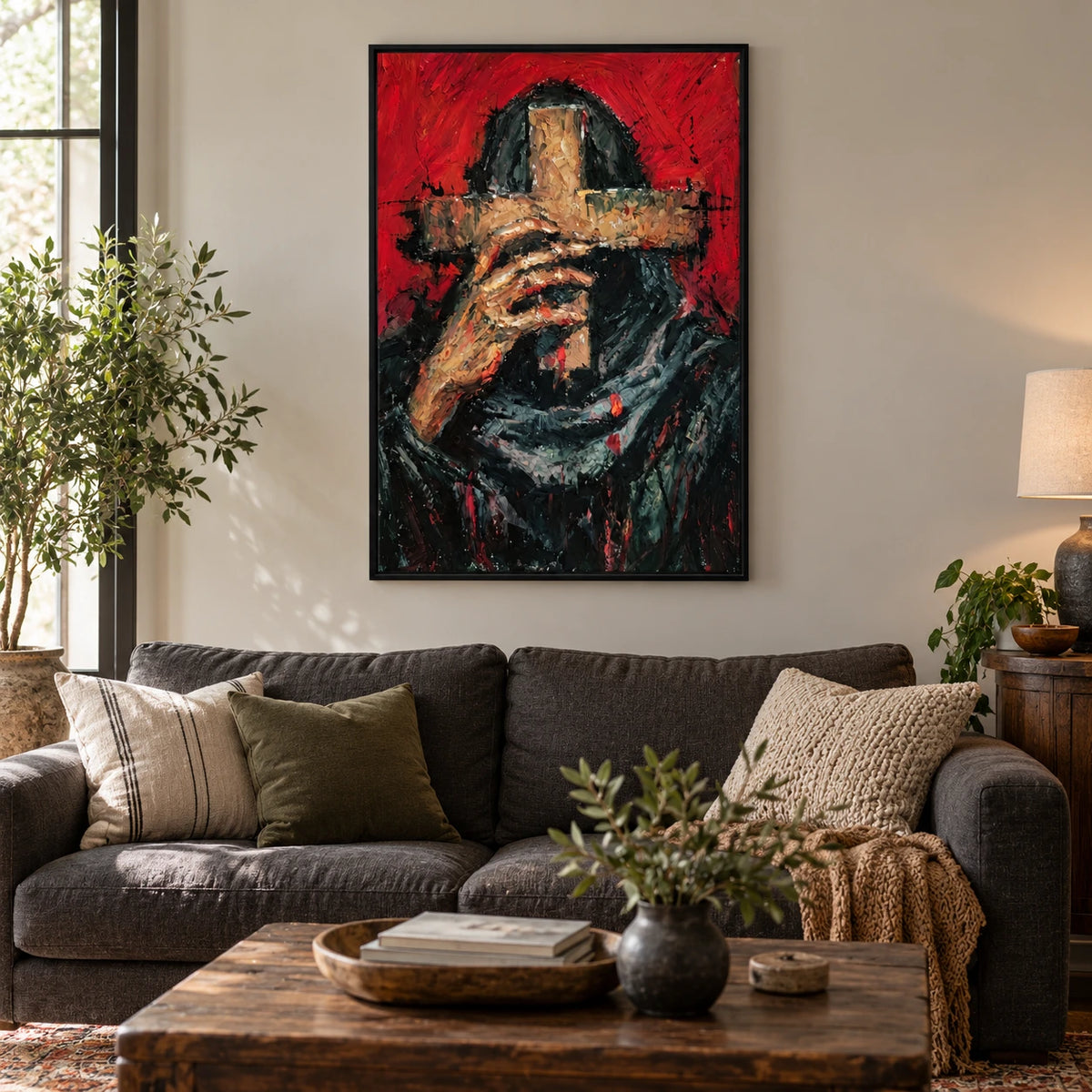 Hooded Figure Holding Gold Cross Oil Painting | Red Background Black Robe Expressive Vertical Religious Wall Art OA 1770